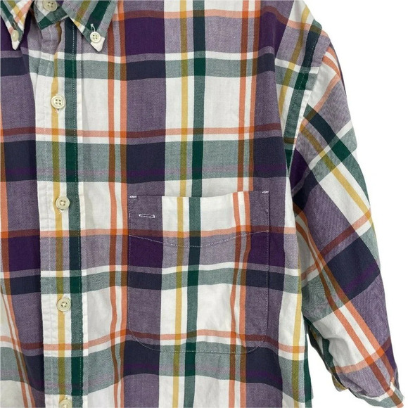 Eddie Bauer Button Up Shirt Men's Sz L Short Sleeve Collared Plaid White Purple - Picture 7 of 8